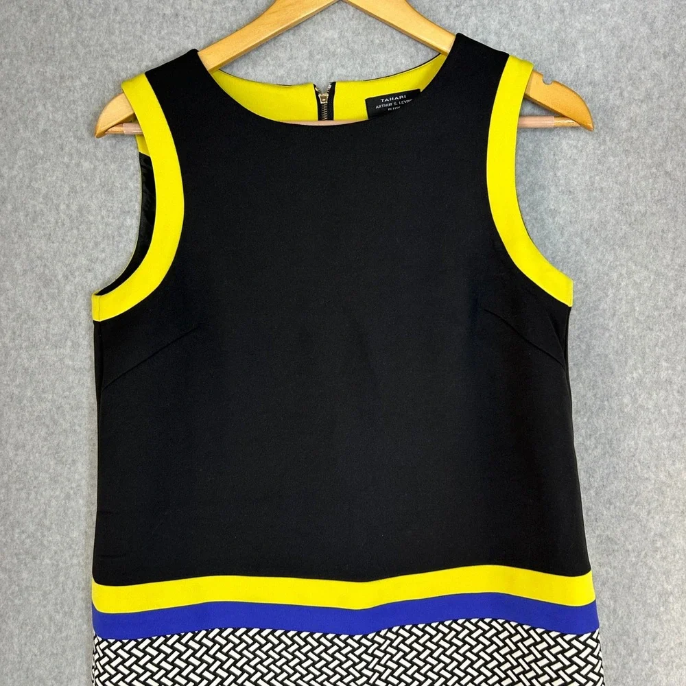 Tahari Arthur S Levine Black Yellow Blue Geometric Sheath Dress Size 6 Petite 6P